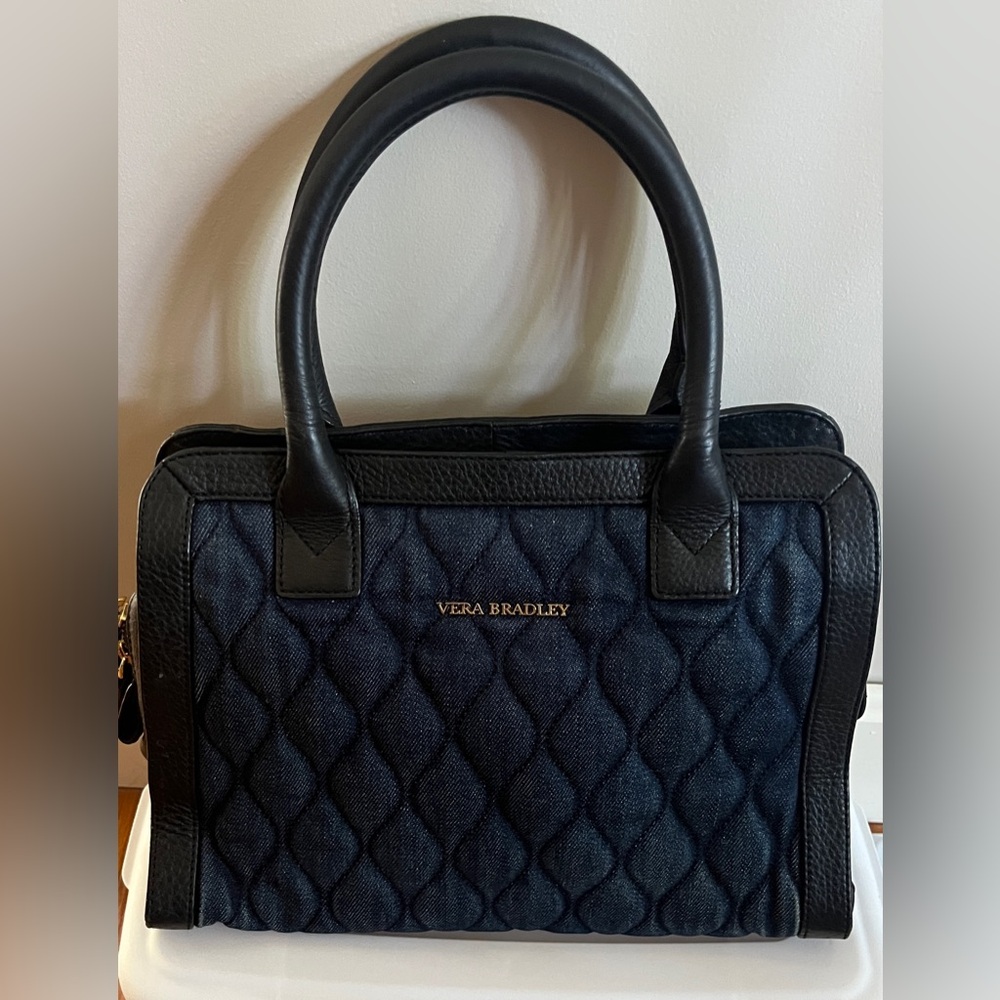 Vera Bradley Natalie Denim/Black Leather Quilted Women's Satchel/Crossbody